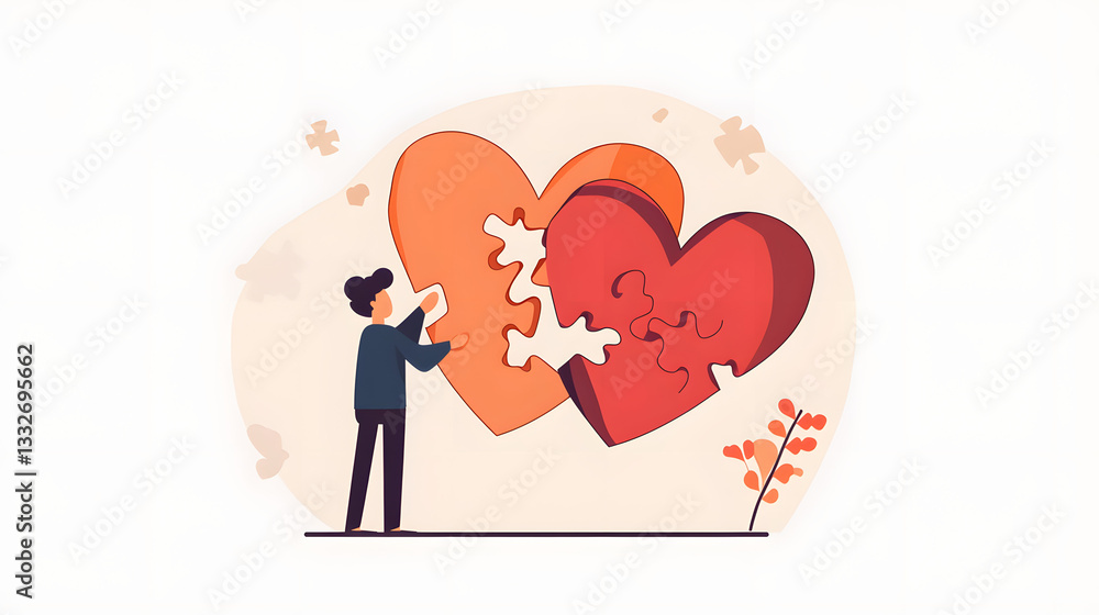 Symbolic Image of Tiny Man and Huge Hand Connecting Two Pieces of Heart - Emotional Connection Concept Symbolic Image of Tiny Man and Huge Hand Connecting Two Pieces of Heart - Emotional Connection Concept