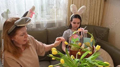 Two women wearing bunny ears gather colorful decorations and painted eggs into an Easter basket. They sit on a sofa in a bright, cozy room with yellow tulips on the table. Front view, indoor.