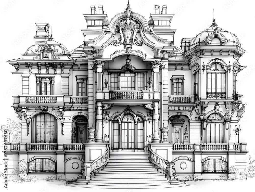 Elegant Victorian Style Building with Intricate Architectural Detailing in Minimalist Line Sketch on White Background Elegant Victorian Style Building with Intricate Architectural Detailing in Minimalist Line Sketch on White Background
