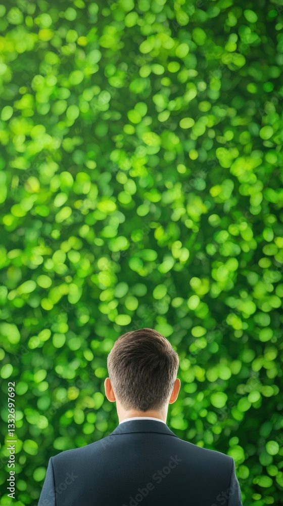 Businessman Observing Lush Greenery in Urban Environment Businessman Observing Lush Greenery in Urban Environment