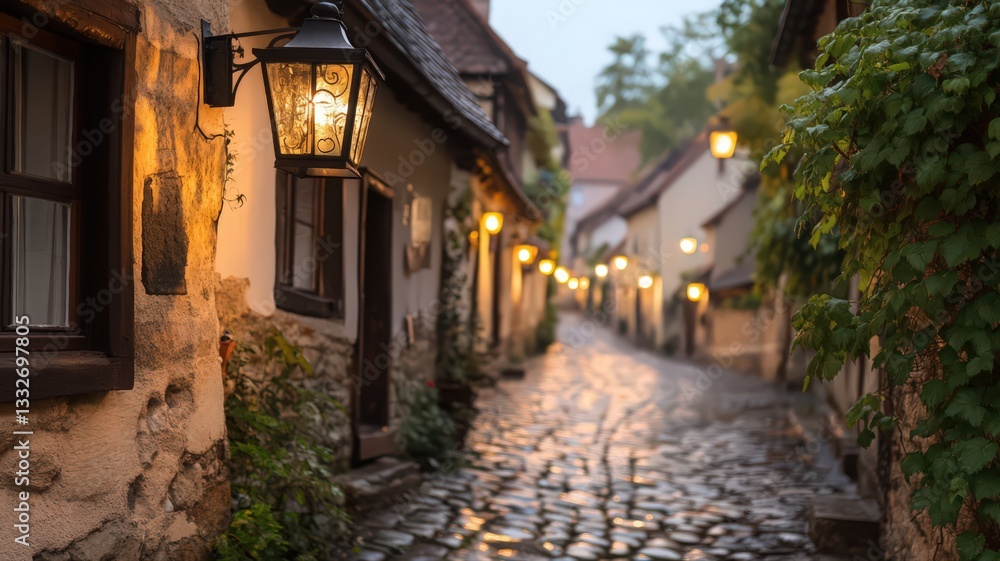 Charming Cobblestone Street at Twilight, Illuminated by Warm Lamplight Charming Cobblestone Street at Twilight, Illuminated by Warm Lamplight