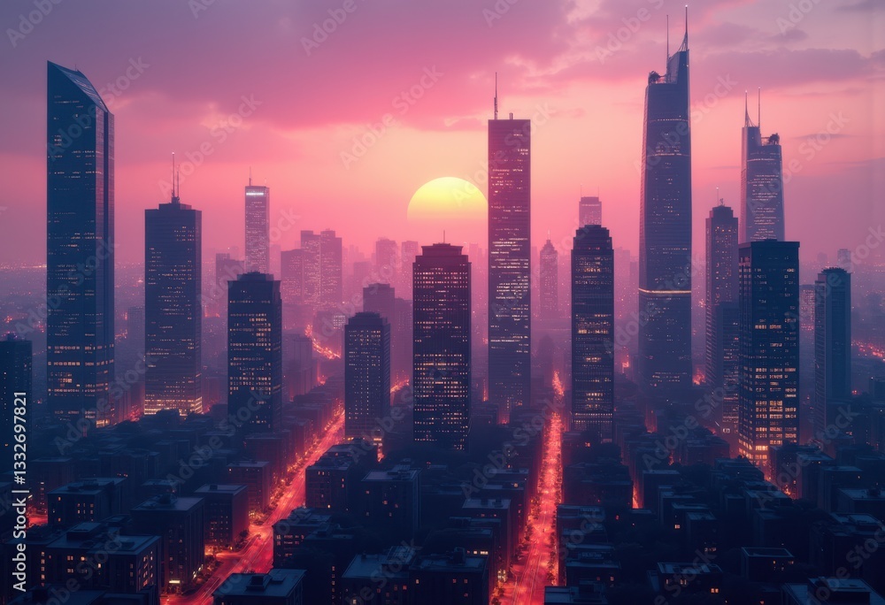 Fototapeta premium vibrant city skyline silhouettes dusky twilight sky highlighting urban architecture natural color gradients, horizon, landscape, buildings, colors, lights