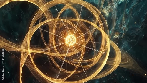 Dynamic swirling energy patterns emanate from a central luminous point in a cosmic space setting