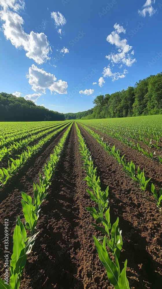 Rows of green cornfields stretch towards the horizon, surrounded by lush greenery under a brilliant blue sky with fluffy white clouds. This picturesque farm reflects the abundance of the harvest Rows of green cornfields stretch towards the horizon, surrounded by lush greenery under a brilliant blue sky with fluffy white clouds. This picturesque farm reflects the abundance of the harvest