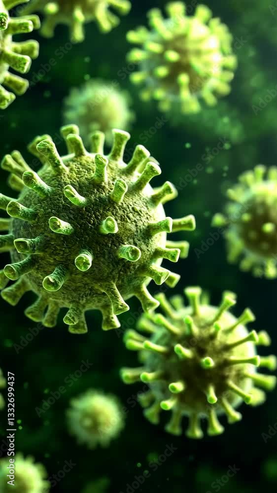 Microscopic view of green viruses floating in a dark background during a scientific exploration of infectious agents Microscopic view of green viruses floating in a dark background during a scientific exploration of infectious agents