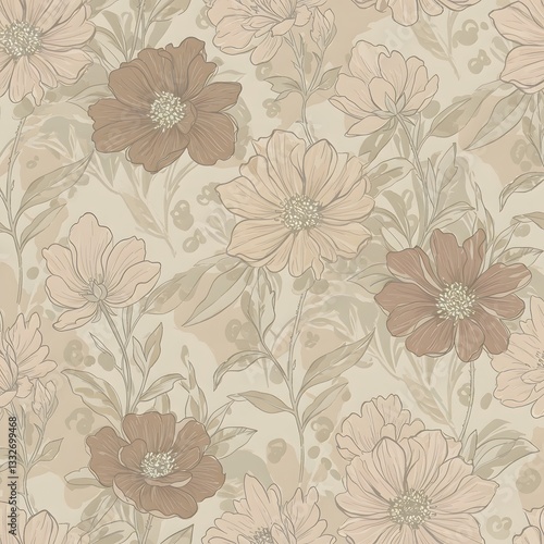 Wallpaper Mural Delicate hand-drawn floral seamless pattern in muted earthy tones. Seamless Patterns Torontodigital.ca