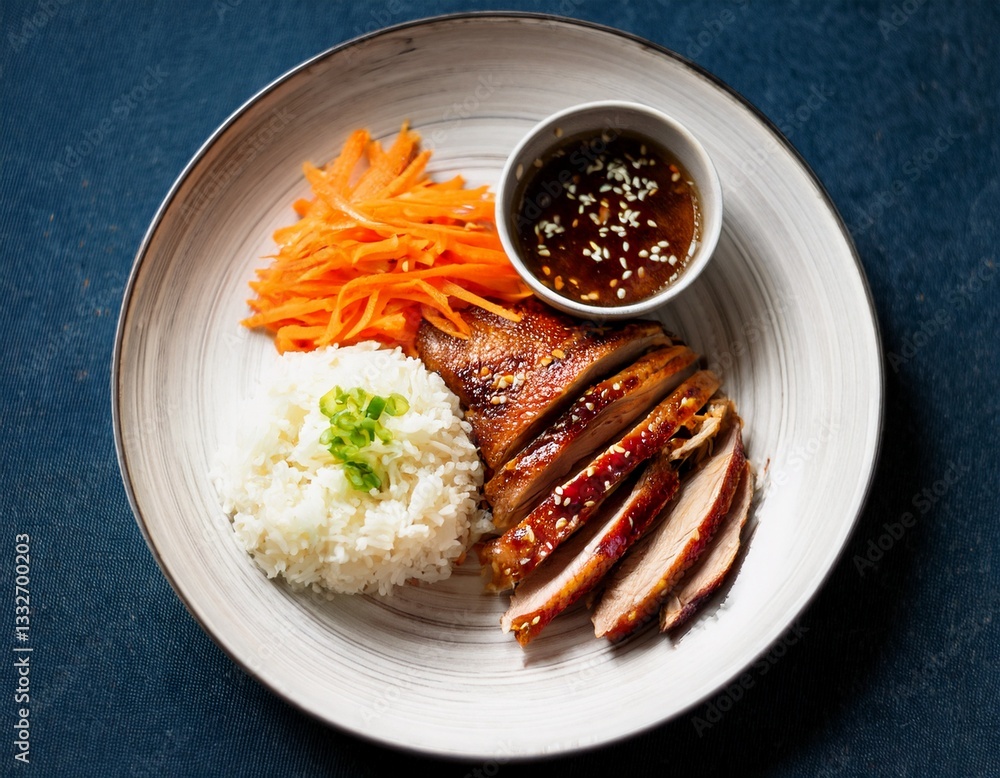 Crispy Asian Roasted Duck with Hoisin Sauce and Jasmine Rice, Garnished with Fresh Vegetables, Served on a White Plate – Top View Gourmet Food Photography, Perfect for Restaurants and Fine Dining Crispy Asian Roasted Duck with Hoisin Sauce and Jasmine Rice, Garnished with Fresh Vegetables, Served on a White Plate – Top View Gourmet Food Photography, Perfect for Restaurants and Fine Dining