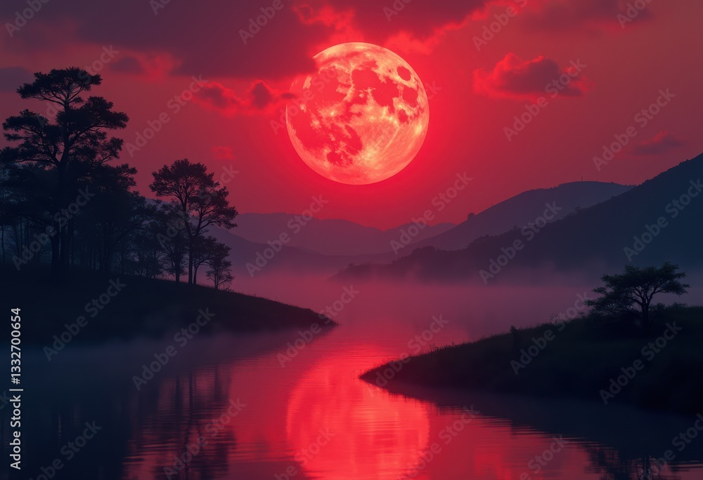 mesmerizing red moonrise illuminating serene landscape gentle silhouetted reflective water body under night sky, nature, hills, reflection, trees, clouds mesmerizing red moonrise illuminating serene landscape gentle silhouetted reflective water body under night sky, nature, hills, reflection, trees, clouds