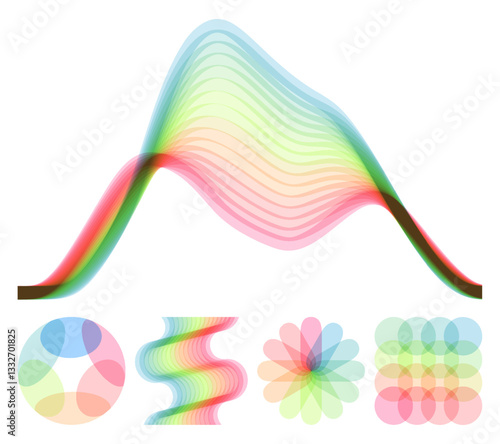 Set of square and round shapes created from overlapping translucent elements. A wavy signal waveform. Abstract geometric design. Vector for brochure, banner, cover, postcard, flyer or presentation.