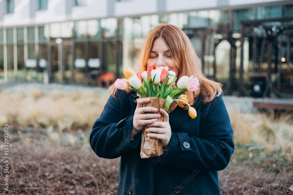 Beautiful young woman with spring tulips flowers bouquet walking at city street. Happy girl posing outdoors. Spring portrait of pretty female on urban background. High quality photo.