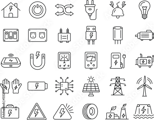 Essential Electricity Icons for Power, Energy, and Electrical Systems.