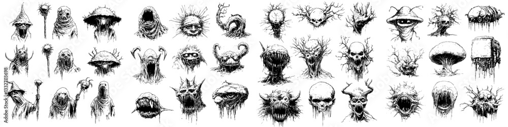 Fototapeta premium Hand draw illustrations of various fantasy surreal creatures. Medieval atmosphere, all in dark ink drawing with a simple fantasy designs