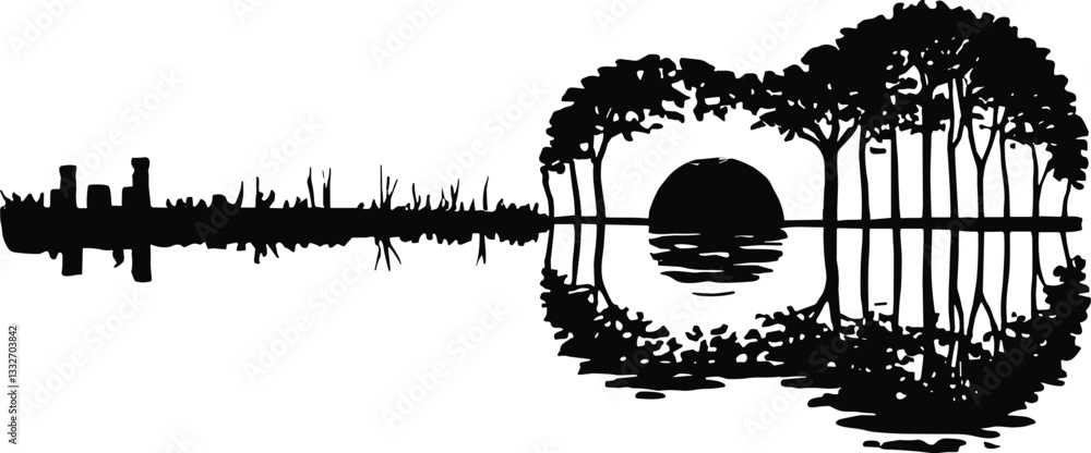 Fototapeta premium Guitar Sunset with Trees Vector Illustration