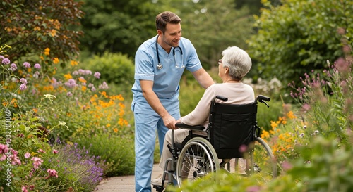 A Kind Caregiver Gently Pushes An Elderly Woman In A Wheelchair Through A Vibrant, Blooming Garden, Sharing A Warm Smile And Peaceful Moment In The Sunlit Outdoors