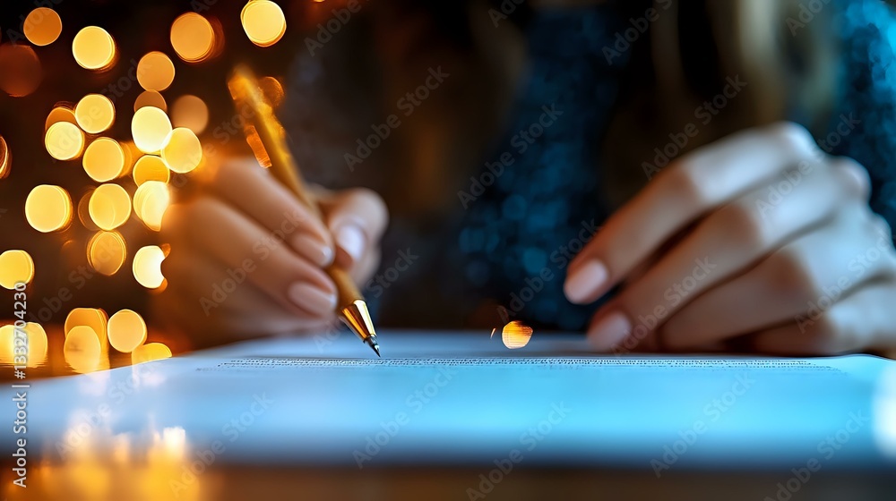 Female hands writing on paper with magical bokeh lights in background creating cozy atmosphere. Soft focus on fingers holding pen for journaling or letter writing. Female hands writing on paper with magical bokeh lights in background creating cozy atmosphere. Soft focus on fingers holding pen for journaling or letter writing.
