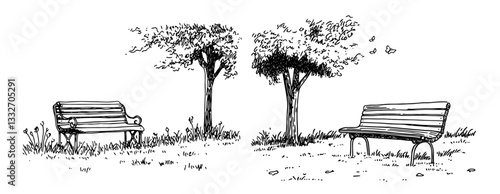 park benches under trees in a quiet setting, doodle vector black sketch
