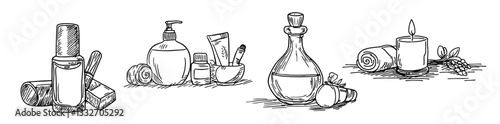 spa and wellness products with candles and oils, doodle vector black sketch