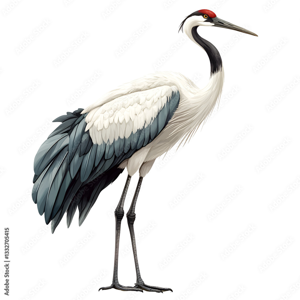 Fototapeta premium Elegant Redcrowned Crane Bird Illustration, Wildlife Art, Nature