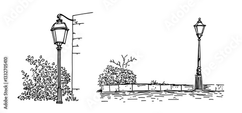 street lamps in urban setting vintage doodle vector black sketch