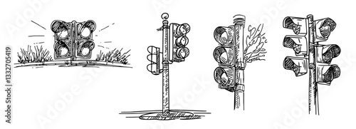 various traffic lights in different angles, doodle vector black sketch