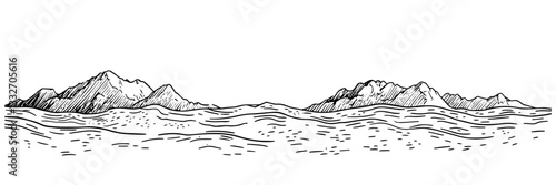 mountain range with rolling hills, hand drawn vintage engraving
