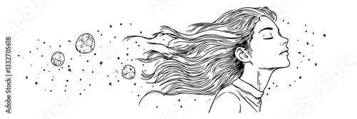 woman with flowing hair and cosmic elements, hand drawn vintage engraving