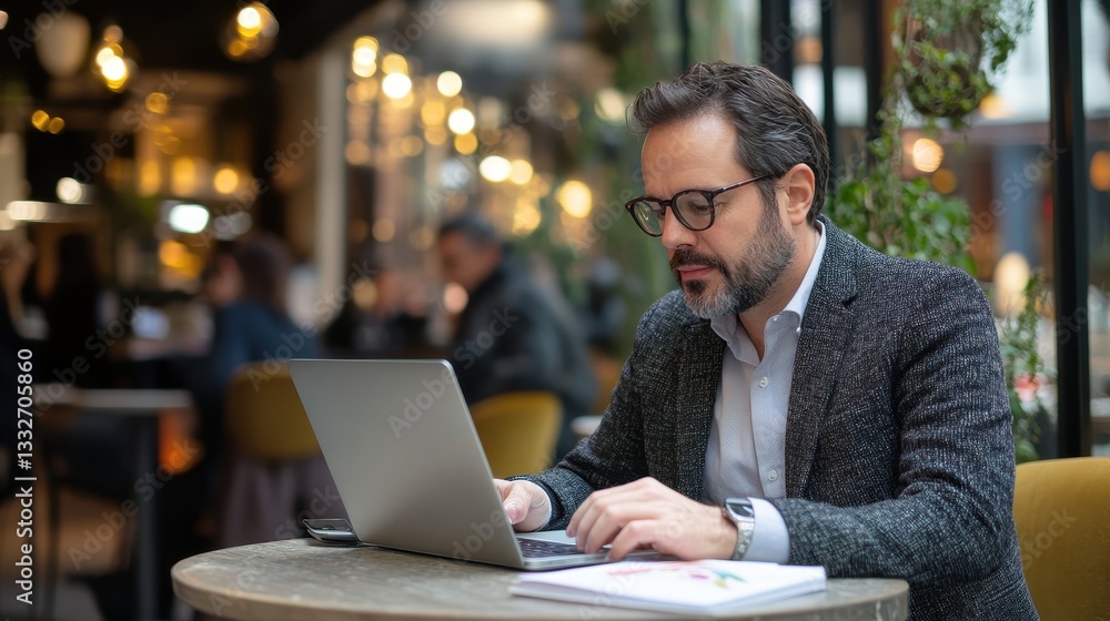 Business Professional Working on Laptop in Modern Café Setting Business Professional Working on Laptop in Modern Café Setting
