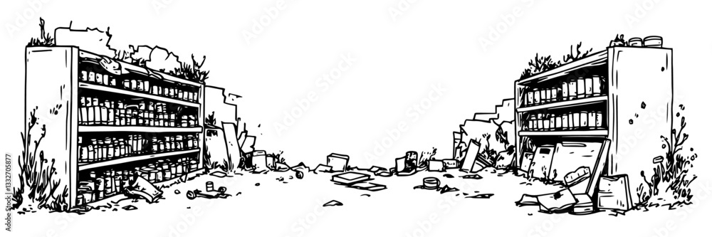 Fototapeta premium abandoned library with broken bookshelves, hand drawn vintage engraving