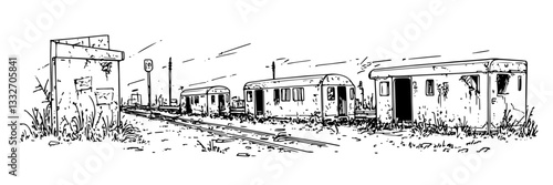 abandoned train station with old railcars, hand drawn vintage engraving