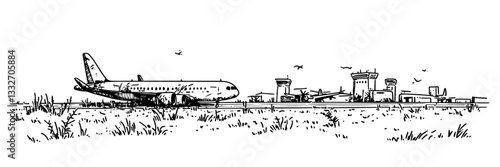 airplane on runway near old airport buildings, hand drawn vintage engraving