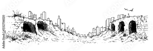 crumbling bridge with modern city skyline, hand drawn vintage engraving