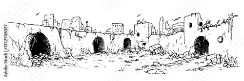ancient stone bridge with ruins, hand drawn vintage engraving