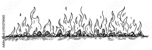 burning flames on rocky ground, hand drawn vintage engraving