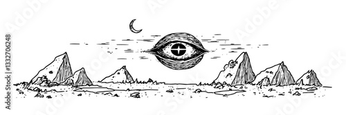 mystical eye floating over mountains, hand drawn vintage engraving
