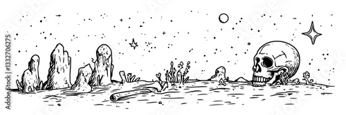 skull in desolate landscape with stars, hand drawn vintage engraving