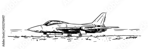 fighter jet on ground illustration doodle black vector ink sketch