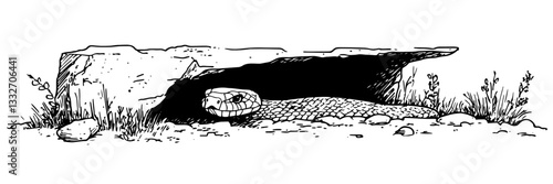 snake hiding under rock illustration doodle black vector ink sketch