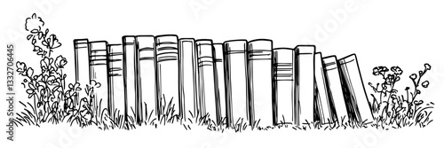 stack of books in grass illustration doodle black vector ink sketch