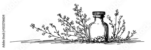 abandoned glass bottle with wildflowers doodle black vector ink sketch