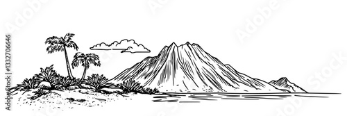 tropical island with volcano and palm trees, hand drawn vintage engraving