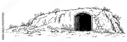 ancient cave entrance doodle black vector ink sketch