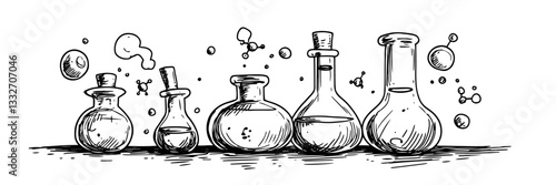alchemy potion bottles doodle black vector ink sketch