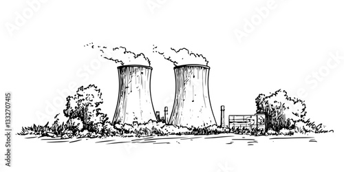 nuclear power plant cooling towers emitting steam doodle black vector ink sketch