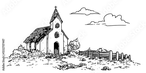 abandoned countryside church with graveyard doodle black vector ink sketch