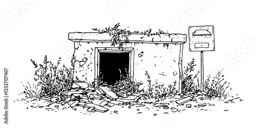 abandoned concrete shelter overgrown with vegetation doodle black vector ink sketch