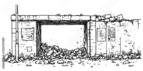 crumbling concrete gateway with debris doodle black vector ink sketch