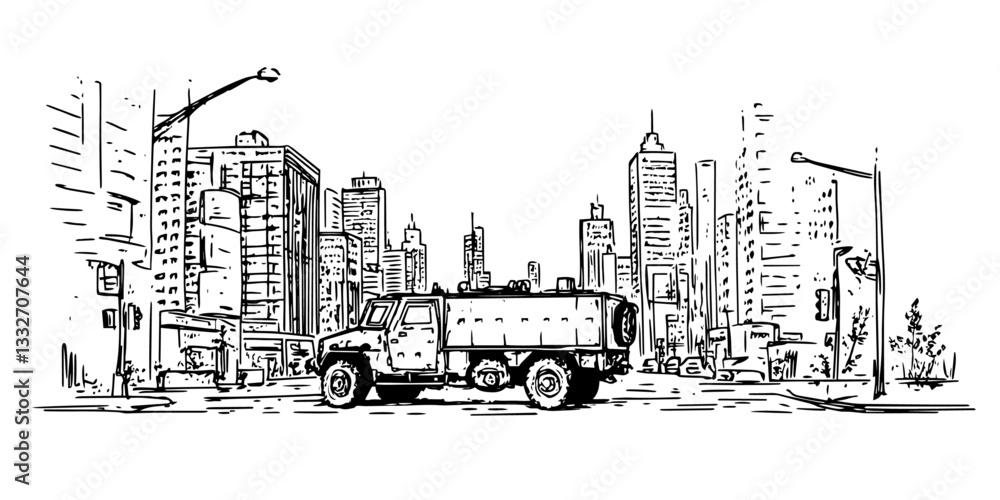 Obraz premium military transport car on the background of the destroyed post-apocalyptic city black vector hand sketch doodle
