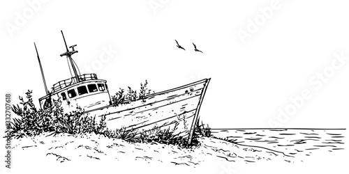 destroyed shipwreck on shallow water on beach black vector hand sketch doodle