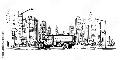 military transport car on the background of the destroyed post-apocalyptic city black vector hand sketch doodle