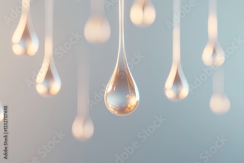 conceptual design of liquid metal droplets suspended mid-air glowing under soft diffused lighting in abstract patterns photo